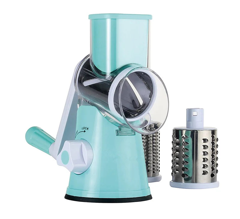 Manual Rotary Vegetable Slicer & Cheese Grater with 3 Stainless Steel Drums – Hand Crank Vegetable Chopper – Perfect for Potatoes, Carrots & Cucumbers – Available in Green & Blue Colours Blue