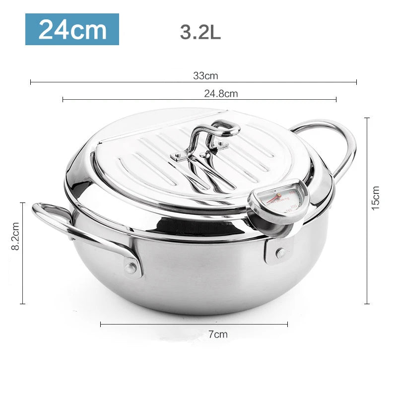 304 Stainless Steel Japanese Deep Frying Pot with Thermometer & Lid – Tempura Fryer Pan – Ideal for Tempura, Chips & Fried Chicken – Available in 20cm & 24cm