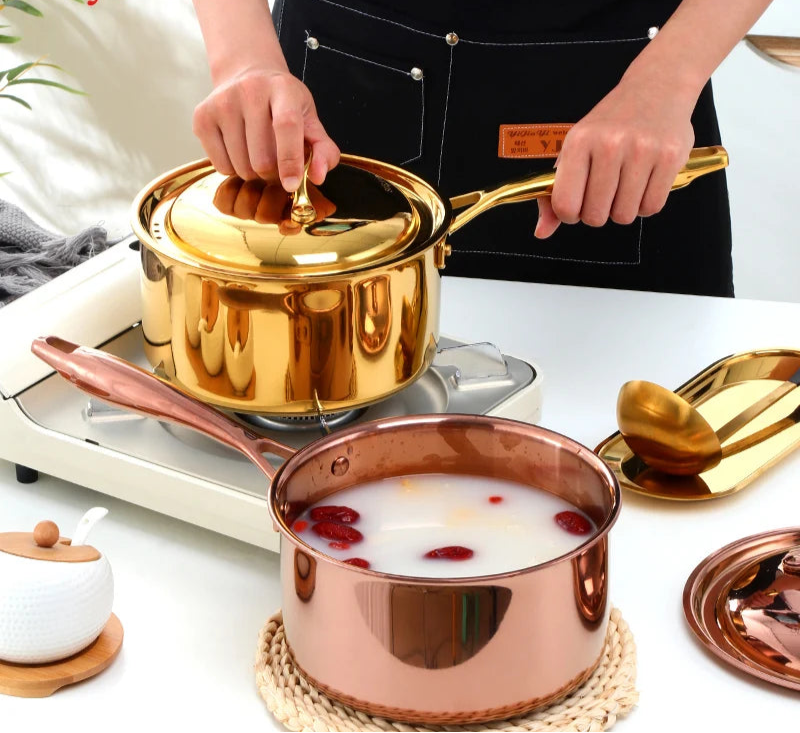 Golden Stainless Steel Saucepan with Lid & Long Handle – 3-Layer Base Cooking Pot for Boiling Milk, Soups, Sauces & Daily Meals – Heat-Resistant Grip – Induction & Gas Stove Compatible – 2.4L (18cm