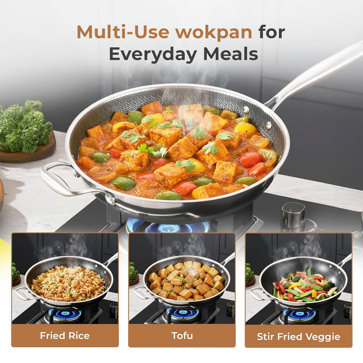Tri-Ply Stainless Steel Wok Pan, Non-stick Frying Wok, Honeycomb Pattern, Induction Compatible