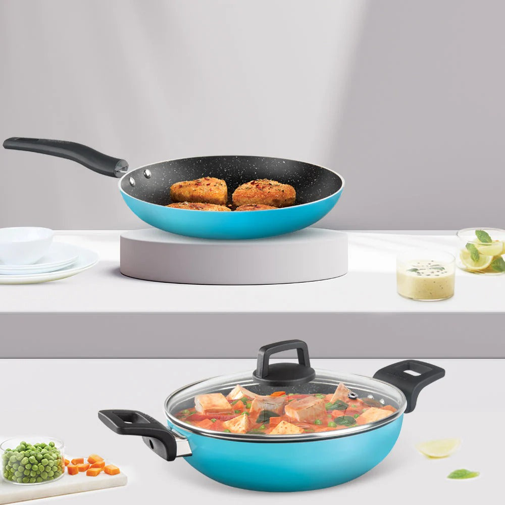 Festive Glory Cookware Set - Blue Set of 3 - Deep Kadhai + Fry Pan + GlassLid