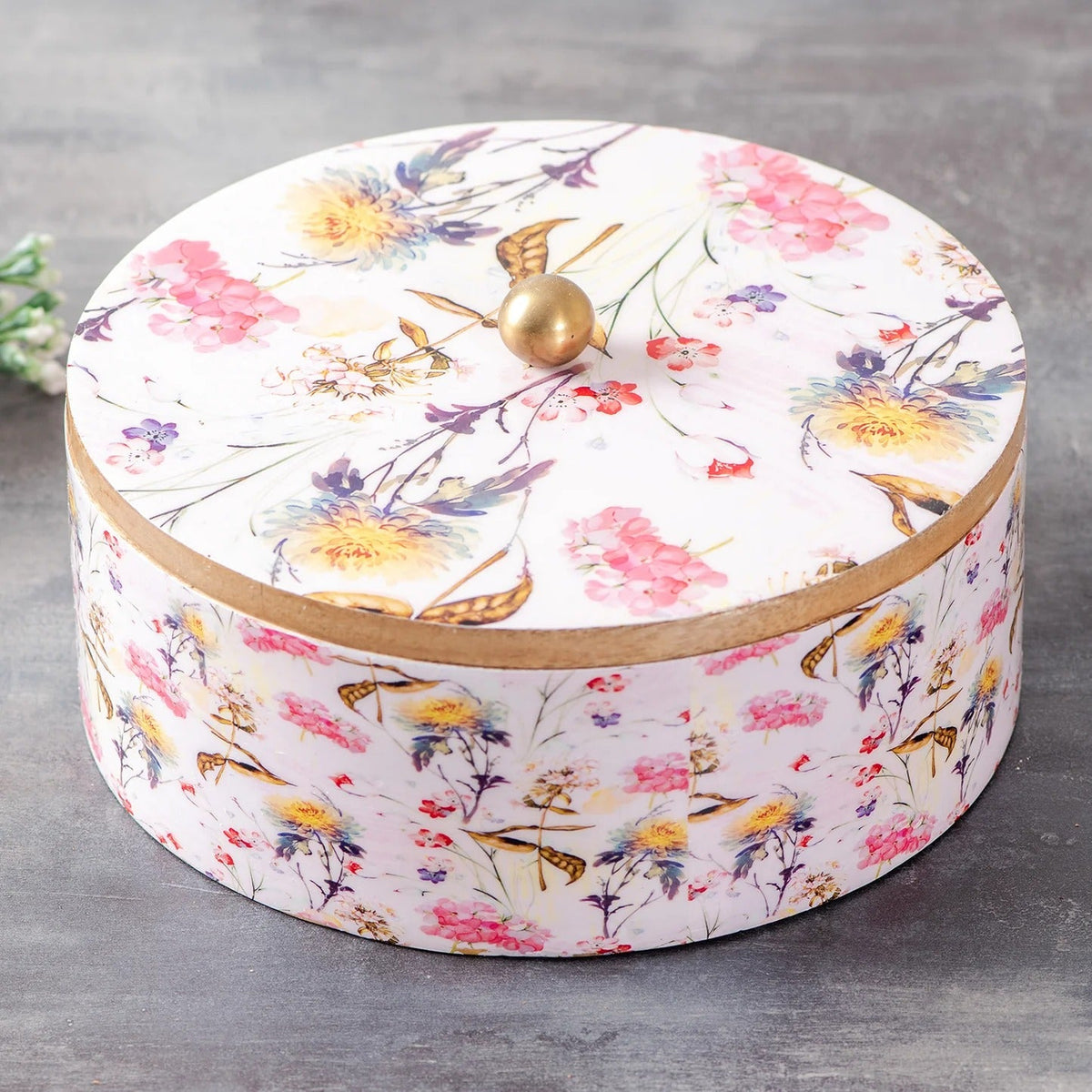 Mango Wood Masala Box Pink Printed Enamel with 7 Stainless Steel Jars