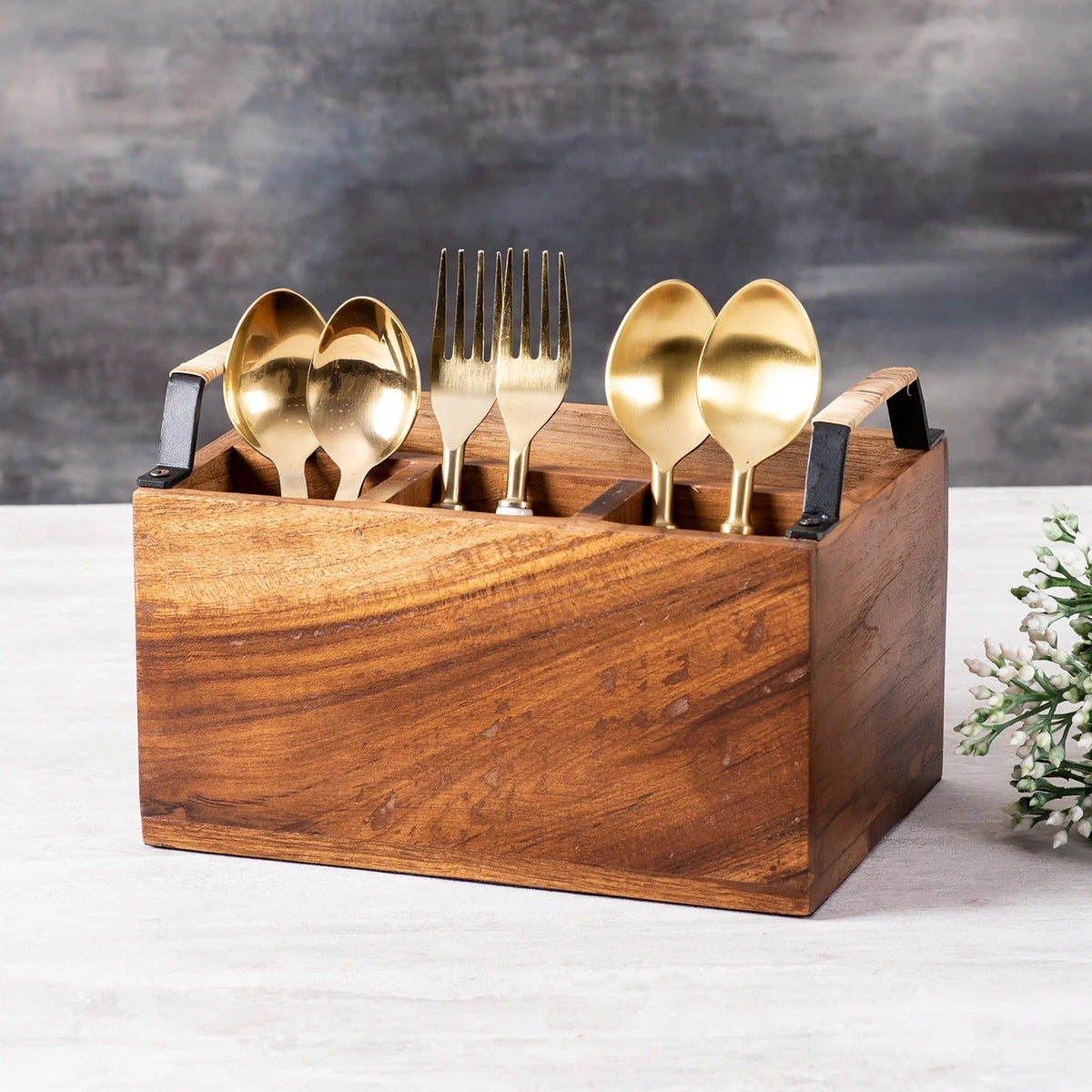 Teak Wood Spoon Stand with Cane Full Size