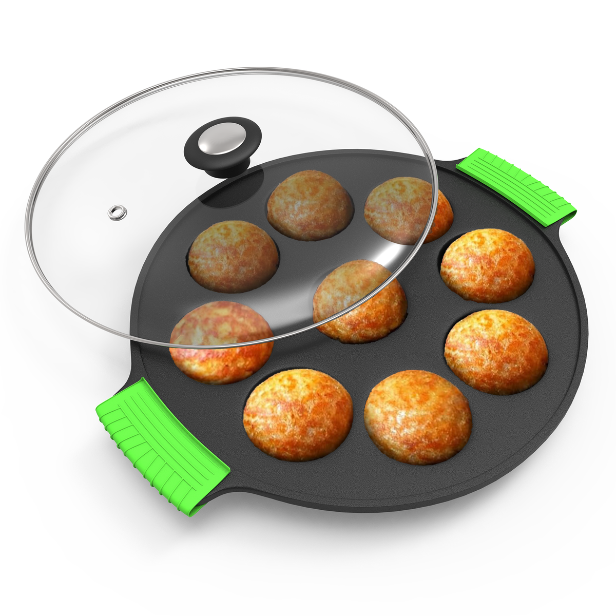 9 Pit Pre-Seasoned Cast Iron Paniyaram Pan With Silicon Handle & Glass Lid