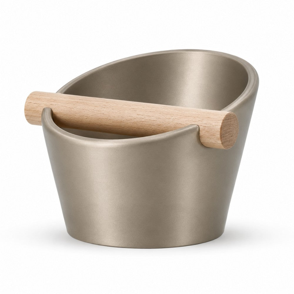 Oval Espresso Knock Box with Oak Bar Metallic Gold