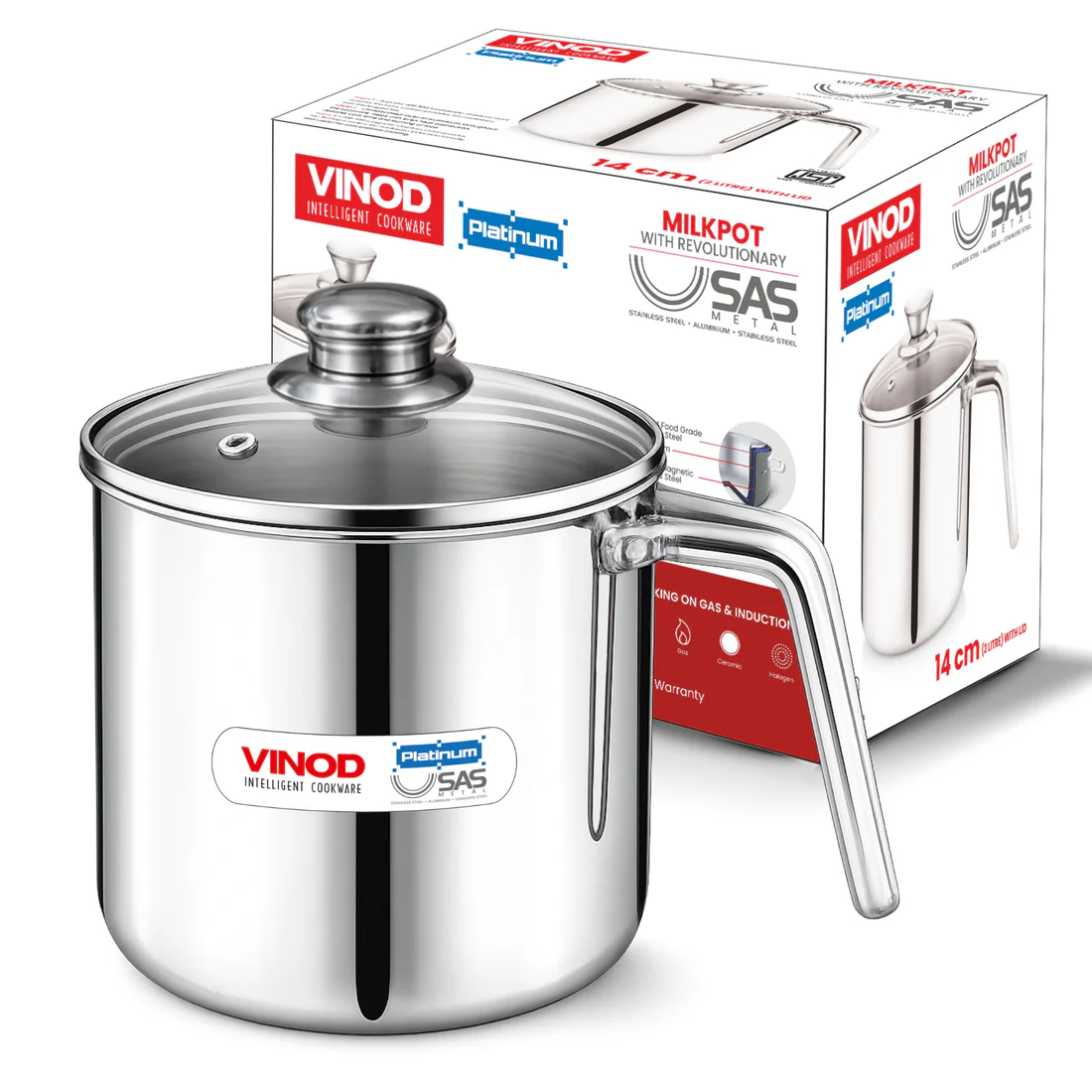 Triply Stainless Steel Milk Pot 2L 14 cm with Glass Lid