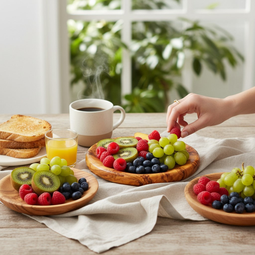 Olive Wood Circular Serving Board Platter | Round Wooden Serving Tray Set