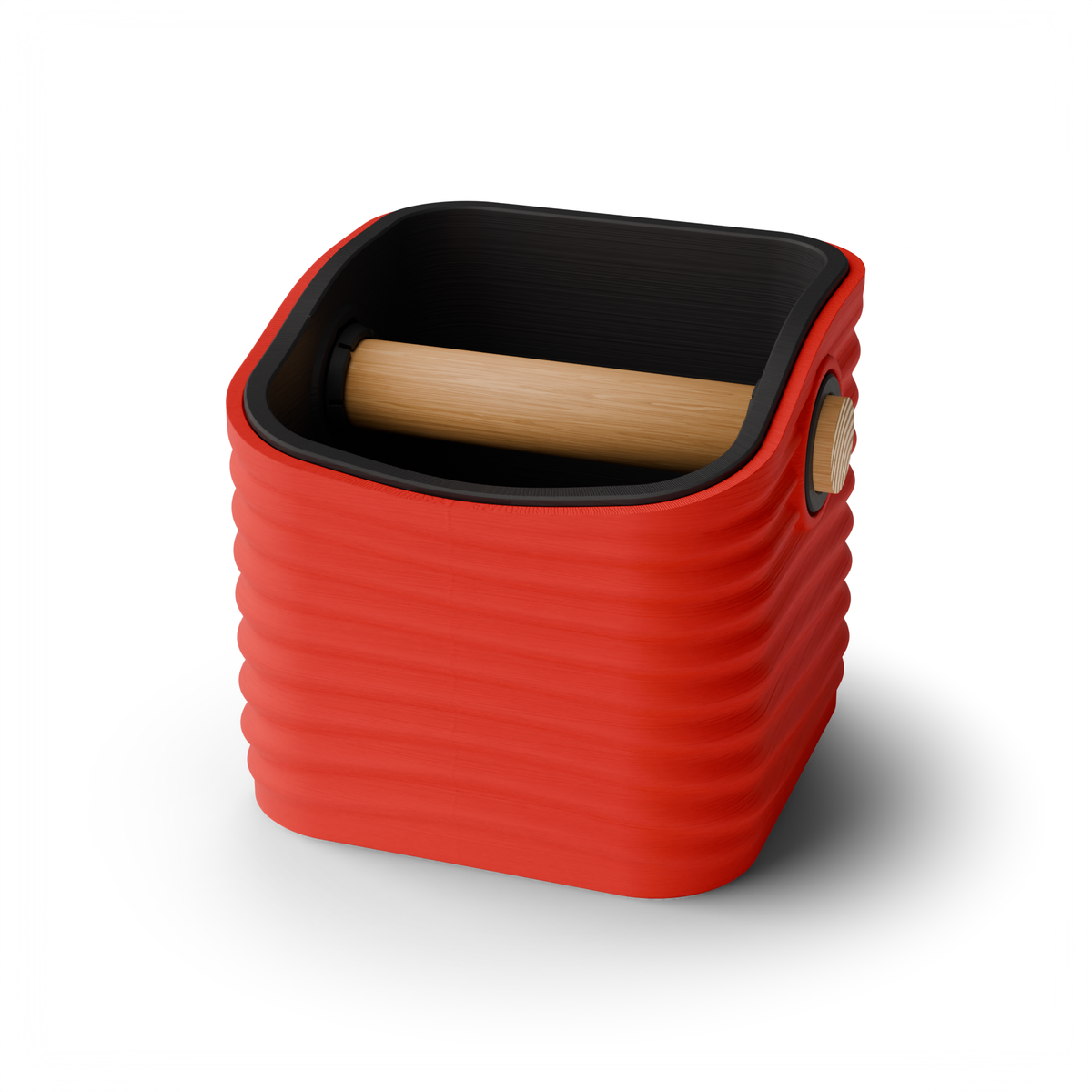 Rippled Rounded Square Espresso Knock Box, Two-Tone with Oak Bar Scarlet Red Charcoal