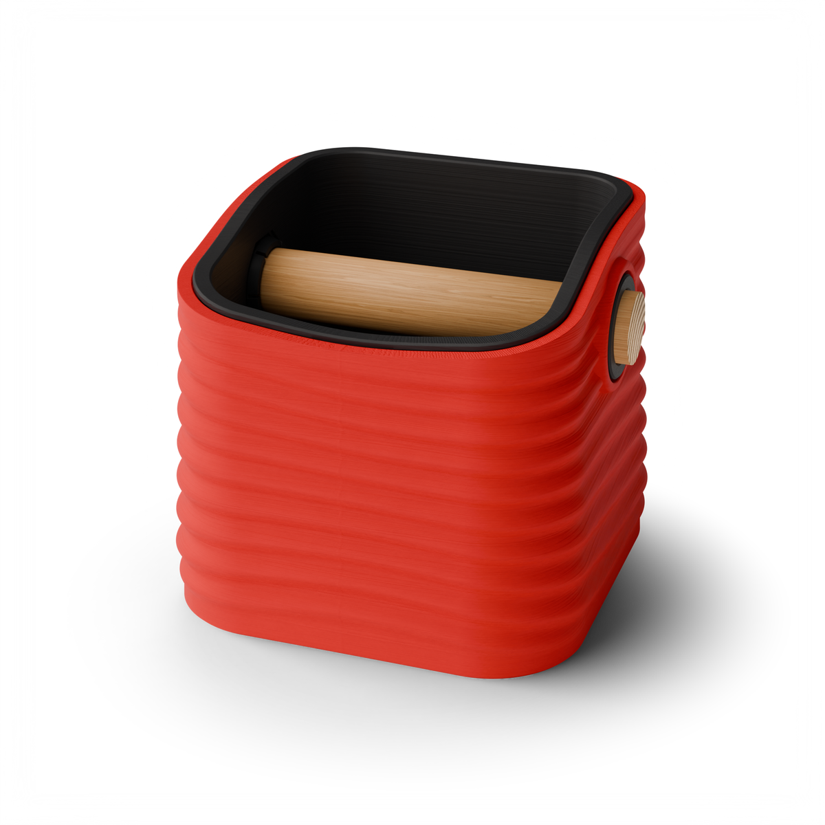 Rippled Square Tapered Espresso Knock Box, Two-Tone with Oak Bar Scarlet Red Charcoal