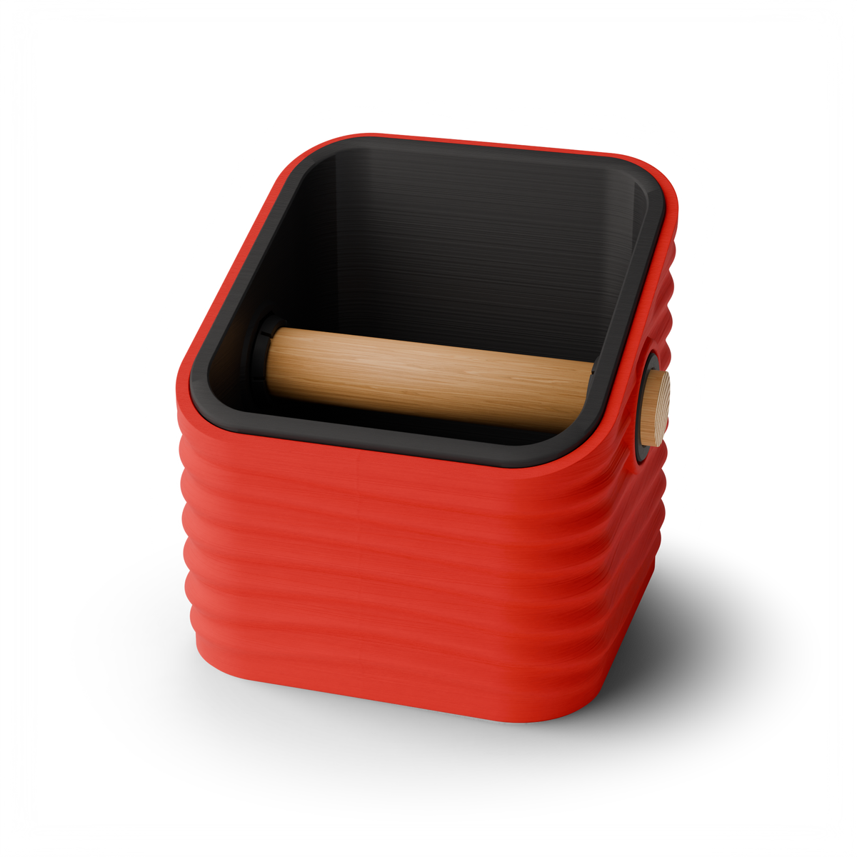 Rippled Square Angled Espresso Knock Box, Two-Tone with Oak Bar Scarlet Red Charcoal