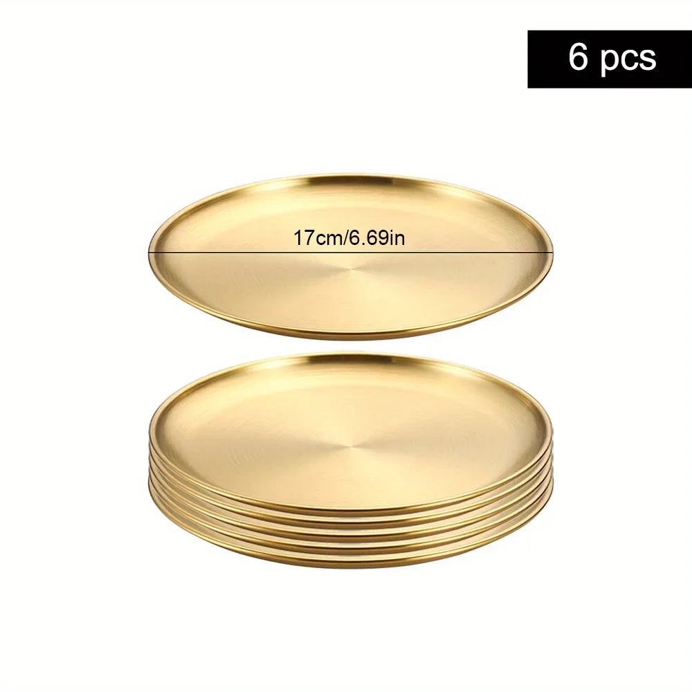 6Pcs Golden Stainless Steel Round Plate Set – Rust-Proof Shallow Trays for BBQ, Picnic & Kitchen Use (6 Sizes: 14cm–30cm)