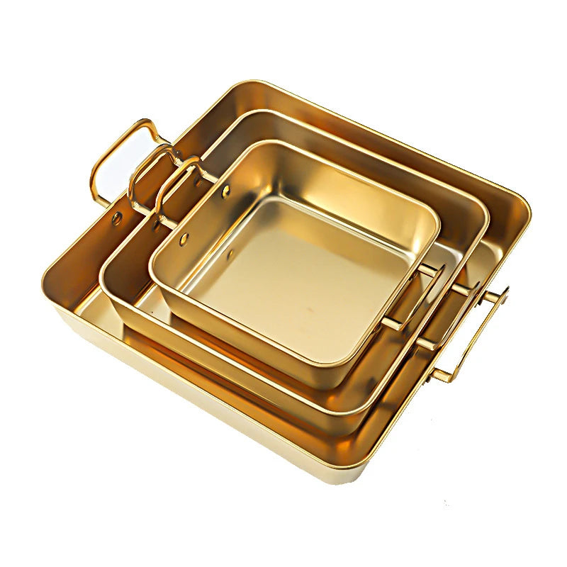 Golden Stainless Steel Square Tray with Handles – Durable Deep Base, Ideal for Baking, Grilling, Frying & More (Available in 16cm, 21cm, 26cm