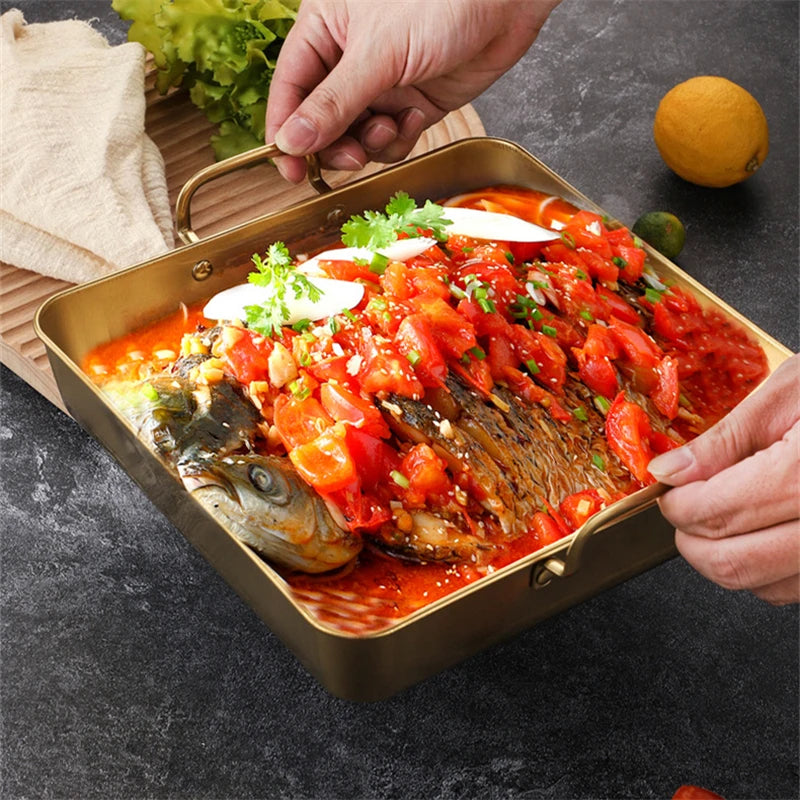 Golden Stainless Steel Square Tray with Handles – Durable Deep Base, Ideal for Baking, Grilling, Frying & More (Available in 16cm, 21cm, 26cm