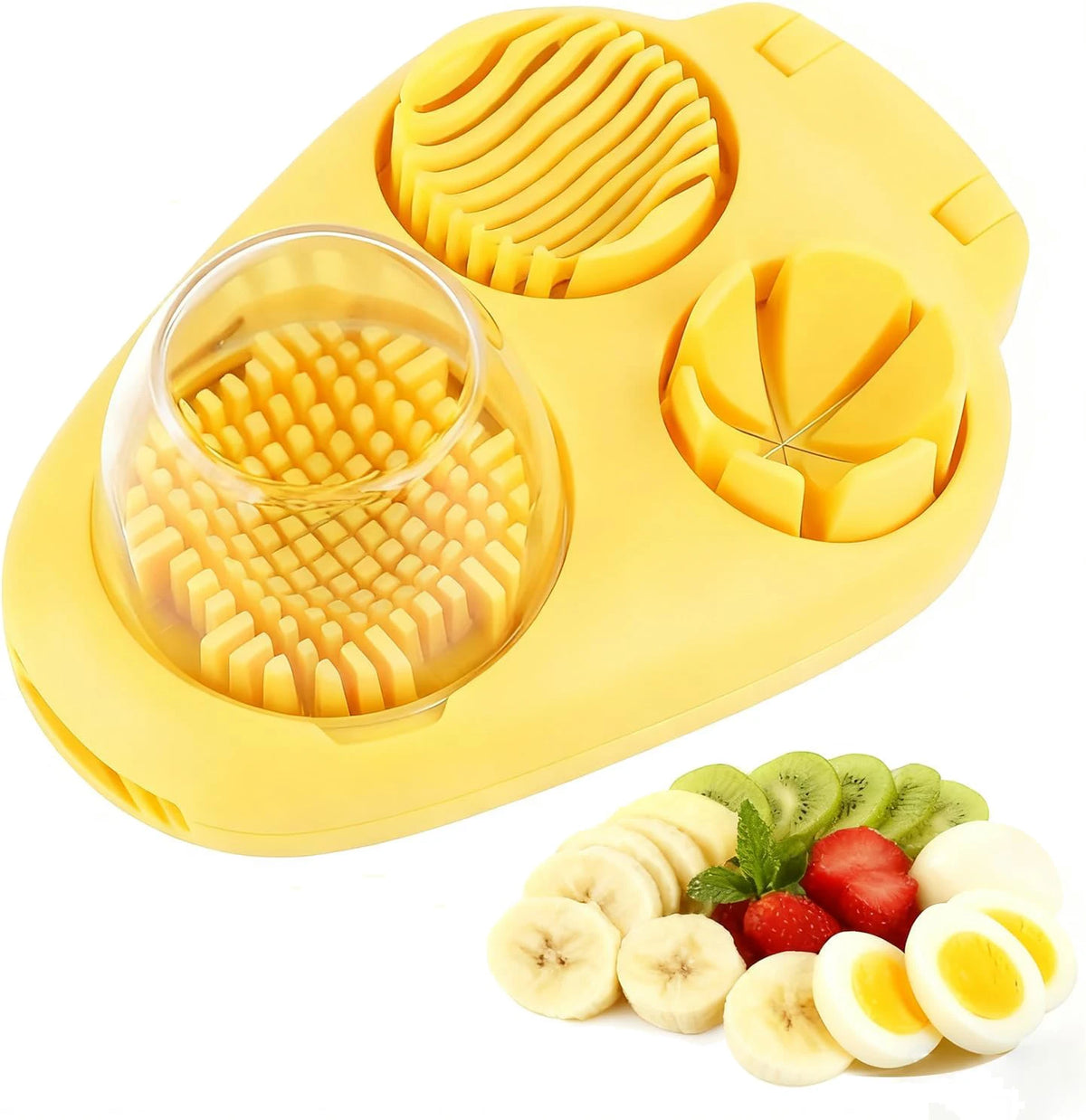 3 in 1 Stainless Steel Egg Slicer – Egg Cutter, Dicer & Wedger – Perfect for Boiled Eggs, Strawberries & Mushrooms – Available in White & Yellow Colours