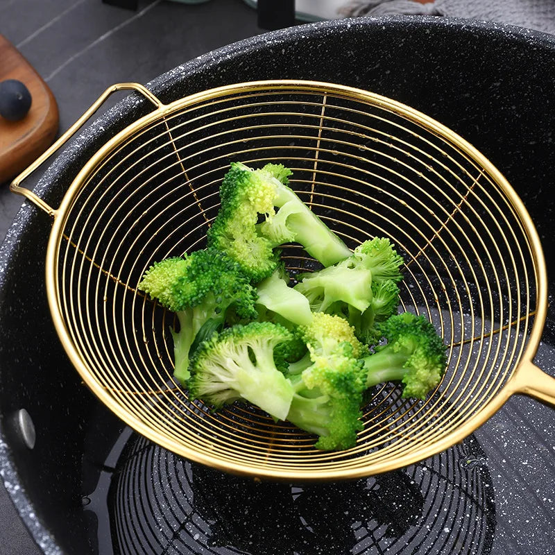 Golden Stainless Steel Skimmer Strainer – Frying Scoop & Oil Filter with Long Handle (Available in Multiple Sizes)