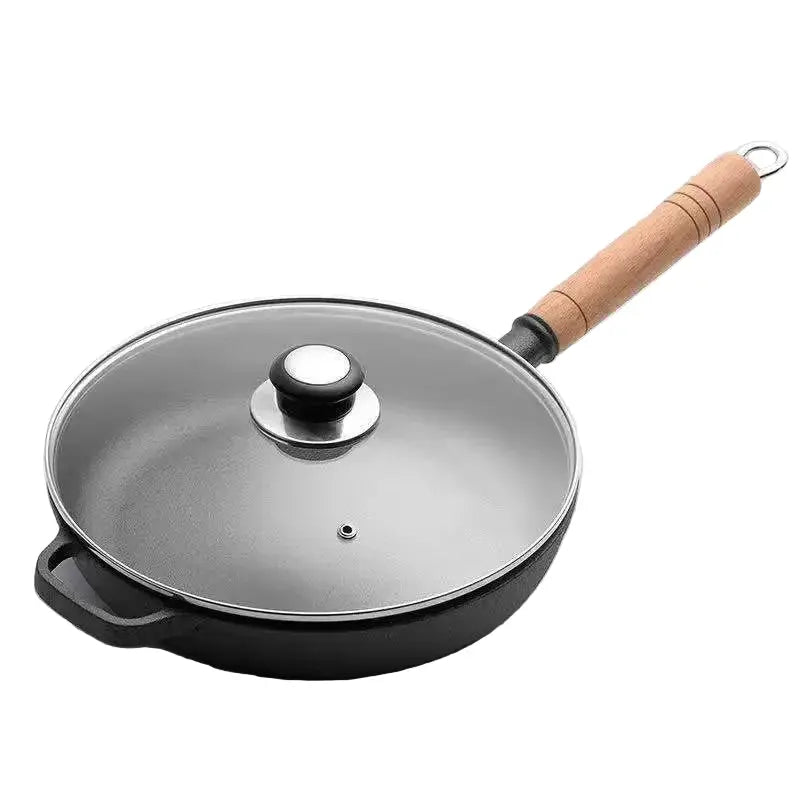 Old-Fashioned Pre-Seasoned Cast Iron Pan with Wooden Handle – Flat-Bottomed Design for Superior Heat Retention & Even Distribution – Uncoated Non-Stick Surface Ideal for Searing, Sautéing, Pan-Frying & Stir-Frying 26cm With Glass Lid