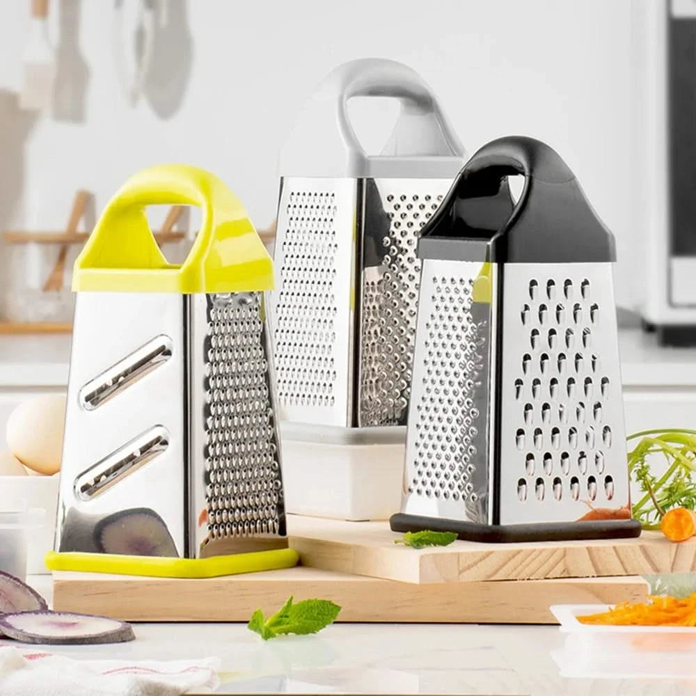 4-Sided Stainless Steel Grater with Storage Box Container—Perfect for Cheese and Vegetable Prep in the Kitchen (Available in Grey, Black, Yellow, and Silver)