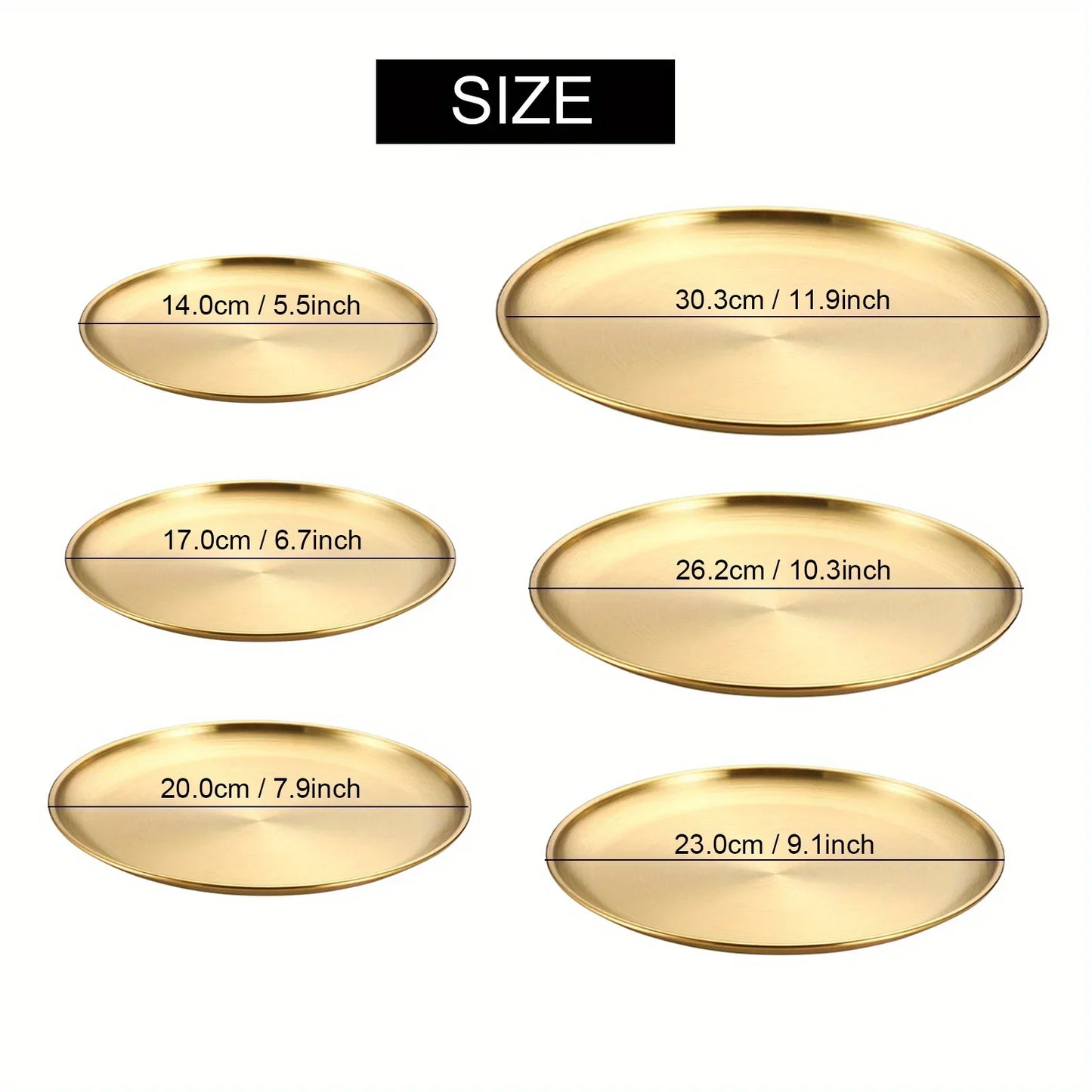 6Pcs Golden Stainless Steel Round Plate Set – Rust-Proof Shallow Trays for BBQ, Picnic & Kitchen Use (6 Sizes: 14cm–30cm)