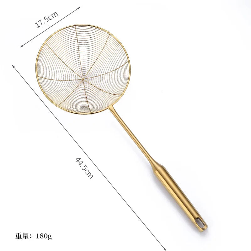 Golden Stainless Steel Skimmer Strainer – Frying Scoop & Oil Filter with Long Handle (Available in Multiple Sizes)