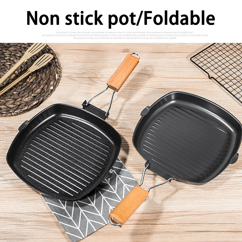 Grill Pan with Foldable Wooden Handle – Non-Stick Pan Perfect for Grilling Steak, Meat, Fish & Vegetables – Available in 20cm, 24cm, 28cm