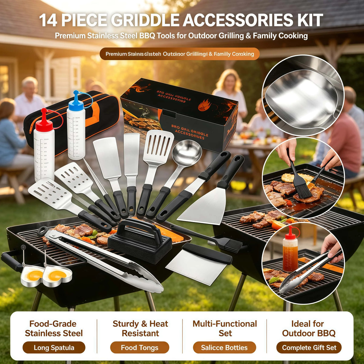 14 Piece Stainless Steel BBQ Tool Set with Storage Bag – Spatulas, Tongs, Basting Brush & Egg Rings – Best for Barbecues, Camping & Garden Grilling