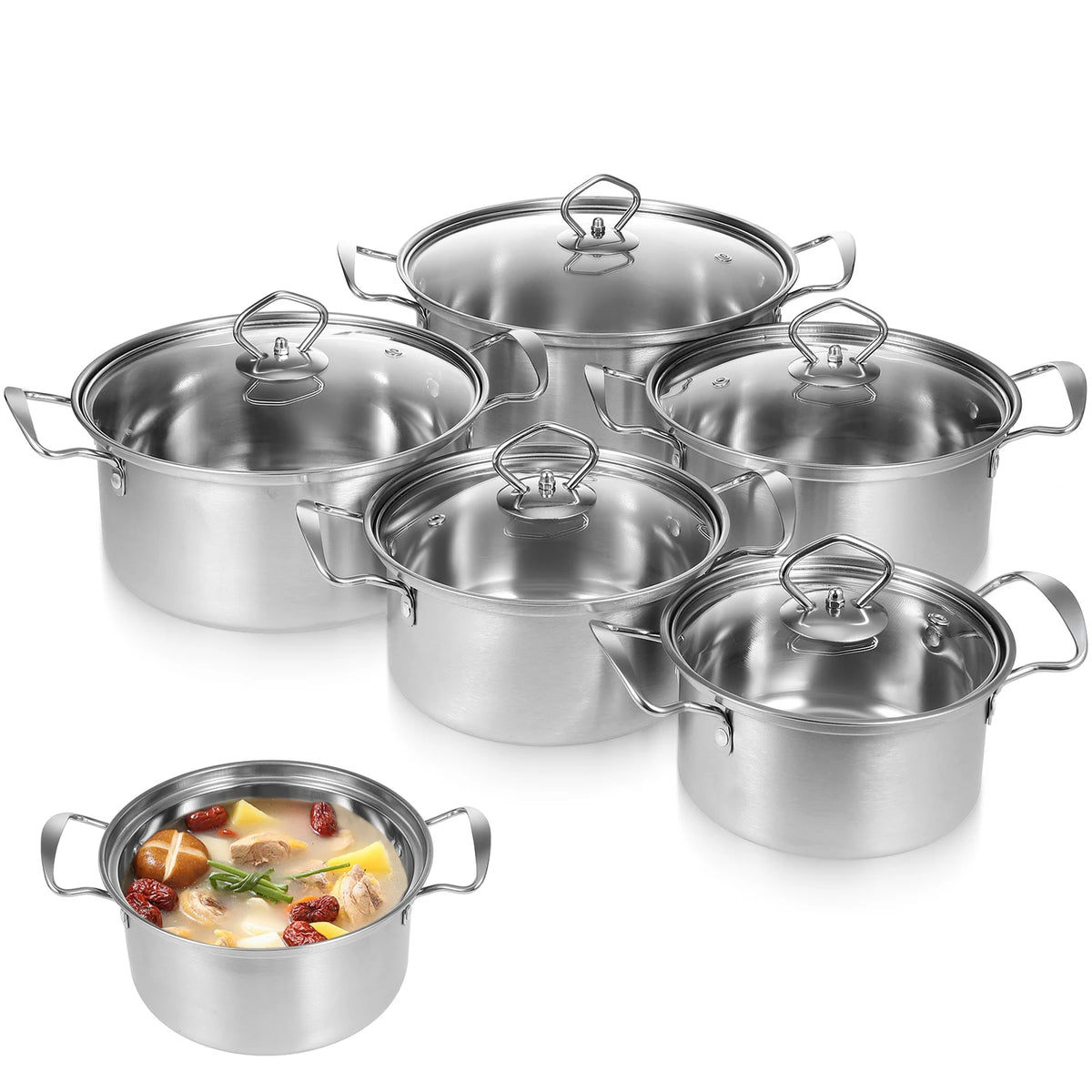 5 Piece Stainless Steel Stock Pot Set with Glass Lids – Induction Soup & Cooking Pots – Ideal for Gas, Electric, Ceramic & Halogen Hobs