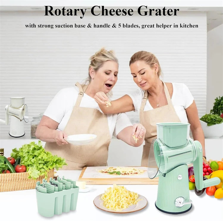 5-in-1 Rotary Cheese & Vegetable Grater with Handle & Suction Base β Multifunctional Manual Drum Grater / Slicer & Shredder with Easy-to-Swap Stainless Steel Interchangeable Rotating Drum Blades for Slicing, Shredding & Grinding (Light Green)
