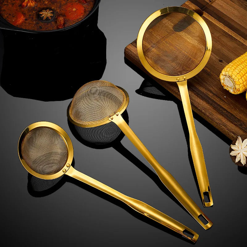 Golden Stainless-Steel Strainer, Sieve– Fine Mesh Skimmer with Long Handle (Available in 12cm, 14cm, 16cm)