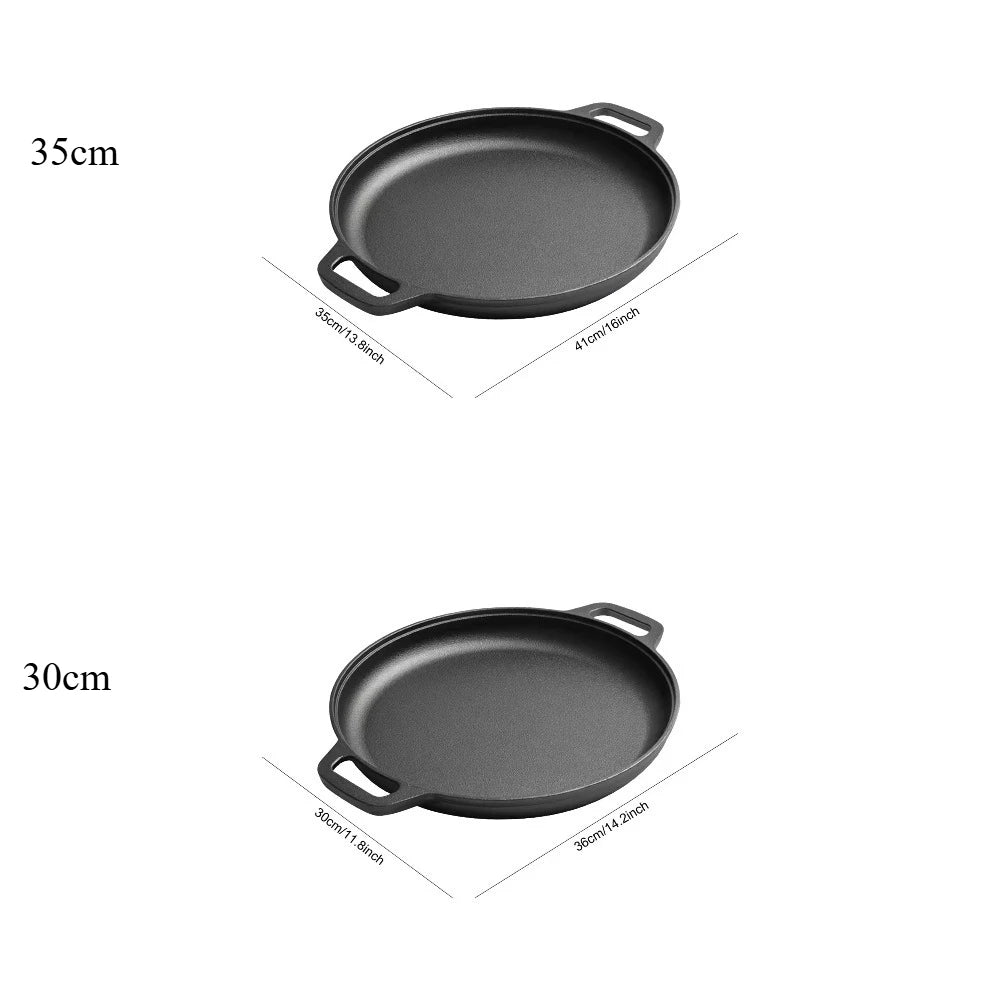 Round Cast Iron Frying Pan Double Handle Grill Pancake Pizza Pan Multipurpose Cooking Pan for BBQ Camping Kitchen Supplies