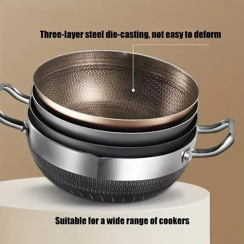 Honeycomb Stainless Steel Wok with Lid – Non-Stick Deep Cooking Pot for Frying, Stewing, Soup, Stock & Daily Cooking – For Gas & Induction – Available in 24cm