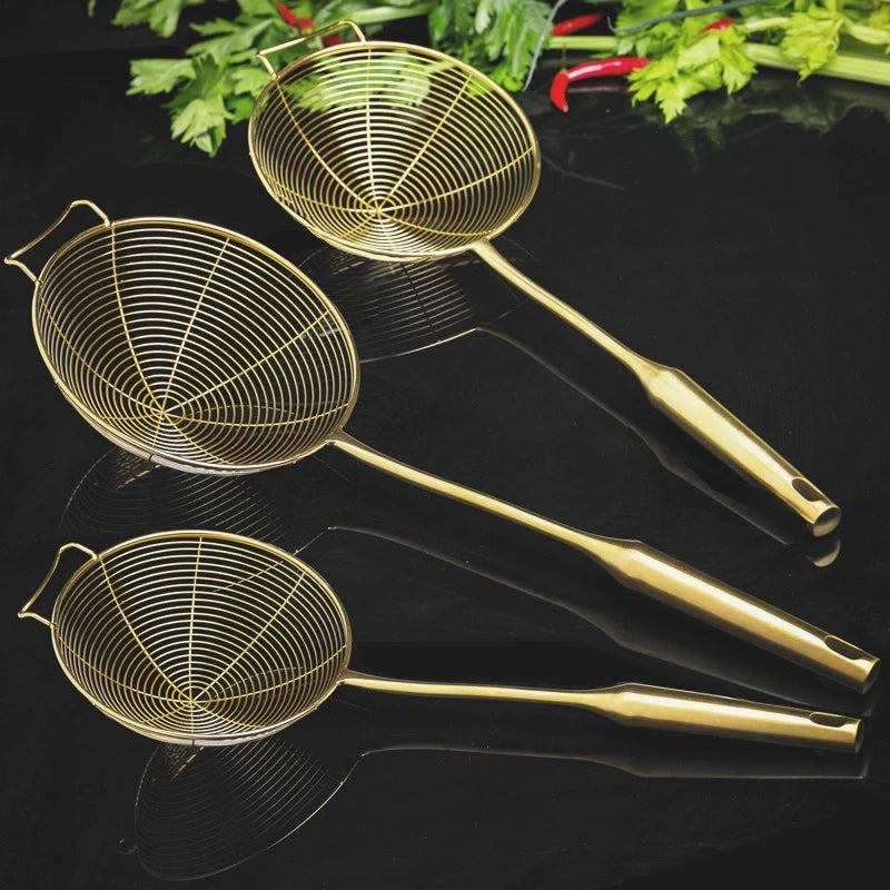 Golden Stainless Steel Skimmer Strainer – Frying Scoop & Oil Filter with Long Handle (Available in Multiple Sizes)