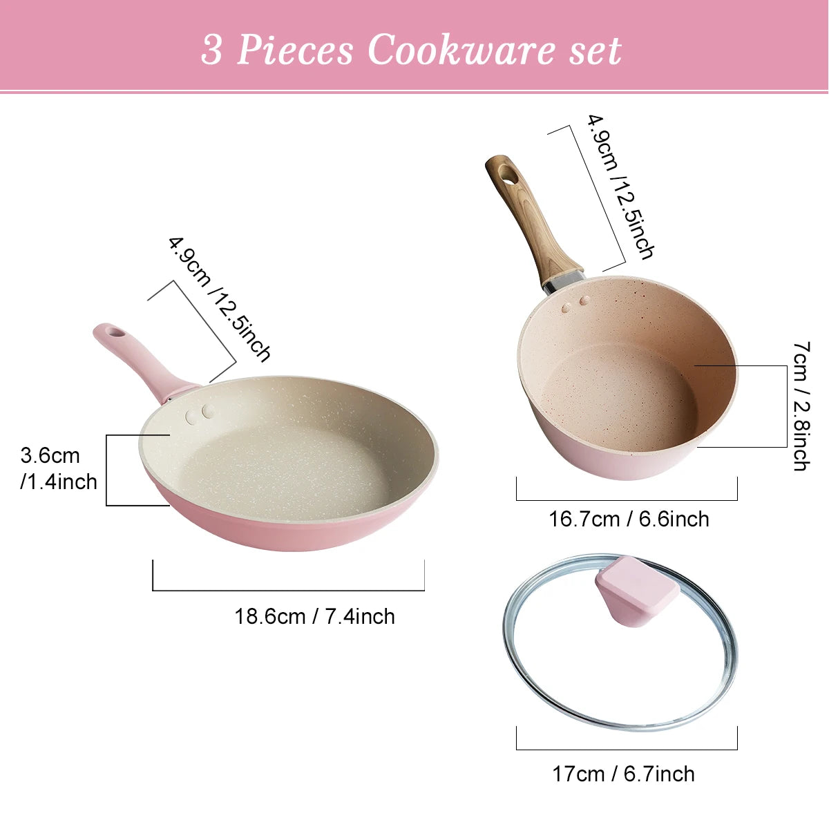 Blush Pink Non-Stick Cookware Set – Includes Skillet & Glass Lid, Mini Milk Sauce/Soup Pan – Ideal for Omelettes, Pancakes, Porridge, Soups, Sauces, Scrambled Eggs, Baby Food, Curries, French Toast & Daily Cooking – 3-Piece Set