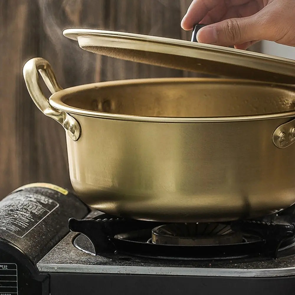Golden Aluminum Noodle & Soup Pot with Lid – Ideal for Ramen, Milk, and Egg Cooking (Available in 16cm, 18cm, 20cm)