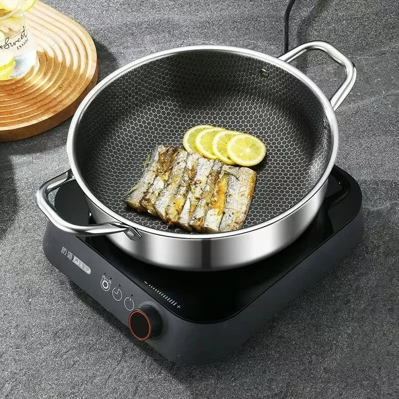 Honeycomb Stainless Steel Frying Pan & Soup Pot with Lid – 410 Non-Stick Multi-Purpose Pot for Frying, Stewing, Searing & Stir-Fry, Soup, Stock & Daily Cooking – Works on All Stovetops – Available in 28cm (with/without