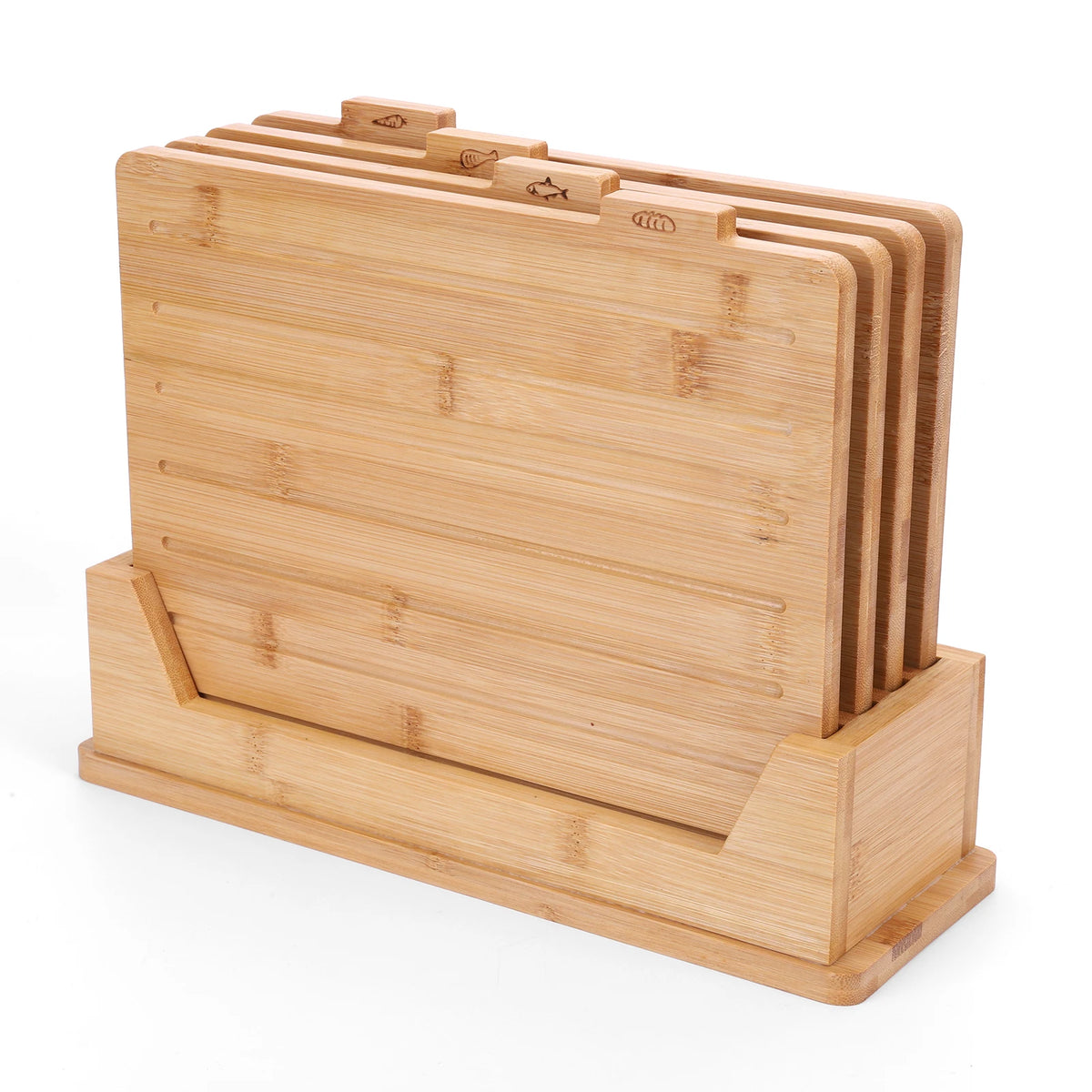 4 Piece Bamboo Chopping Board Set with Holder – Engraved Food Icon Boards with Juice Grooves – Perfect for Food Separation & Meal Prep