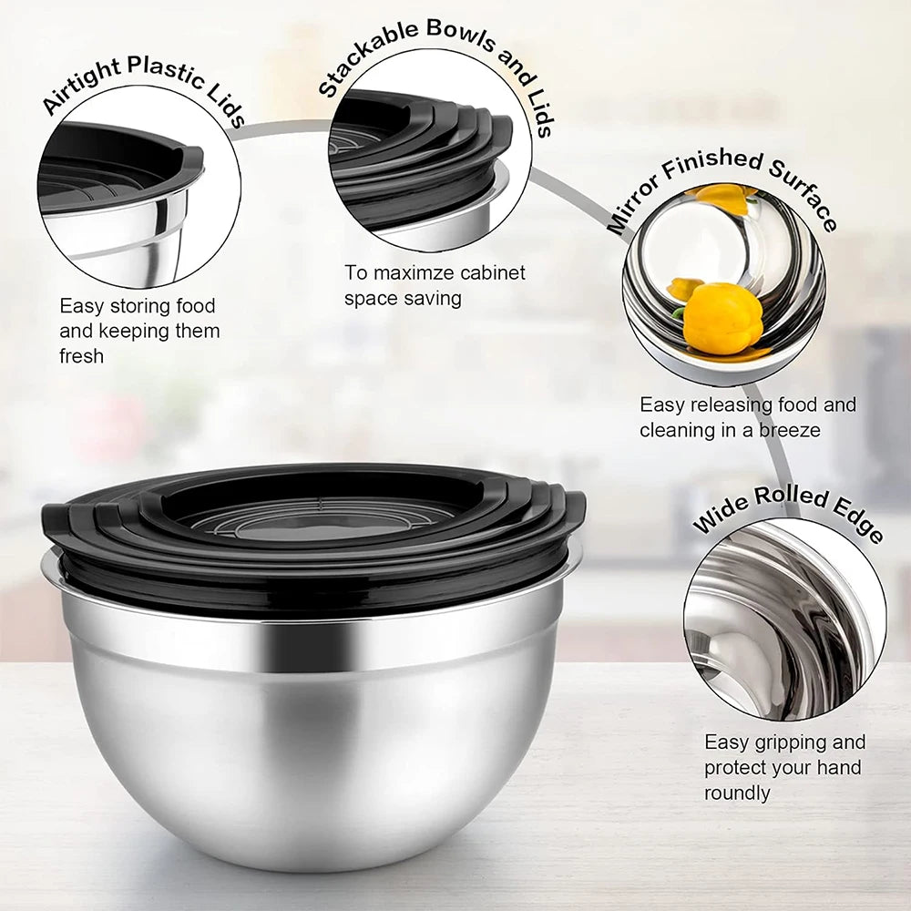 Stainless Steel Mixing Bowl Set with Airtight Lids – Multi-Purpose Kitchen Bowls for Mixing, Whisking, Serving, Storing & Food Prep – Fridge & Dishwasher Safe – Set Includes 6 Bowls in 18cm to 28cm Sizes