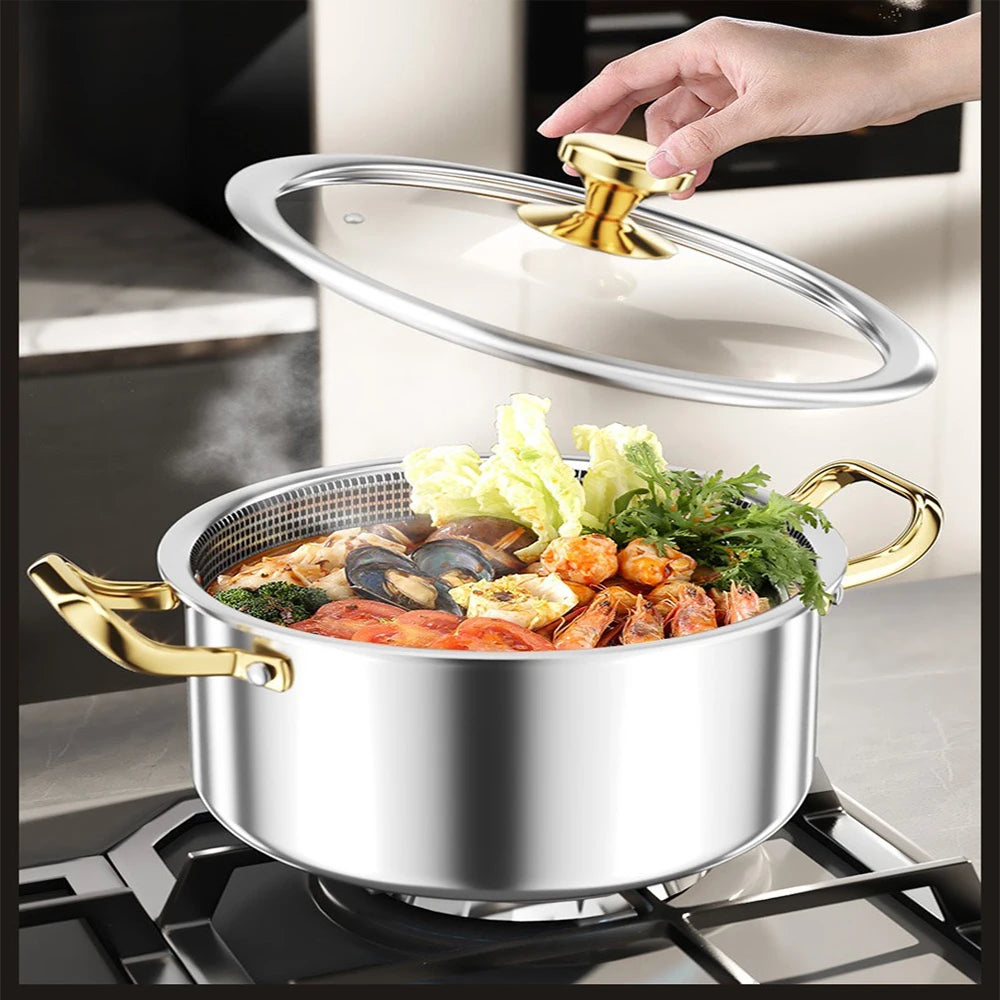 Honeycomb Stainless Steel Non-Stick Soup Pot with Glass Lid – Multi-Purpose Pot for Frying, Stewing, Searing, Stir-Fry, Soup, Stock & Daily Cooking – Compatible with All Stovetops – Available in 20cm, 22cm, 24cm
