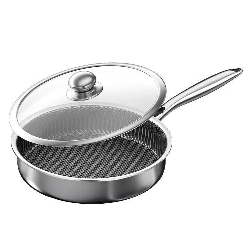 Honeycomb Stainless Steel Frying Pan with Glass Lid – Multi-Functional Non-Stick Skillet for Searing, Stir-Frying, Eggs, Pancakes, Sauces & Daily Cooking – Works on All Stovetops – Available in 26cm, 28cm & 30cm