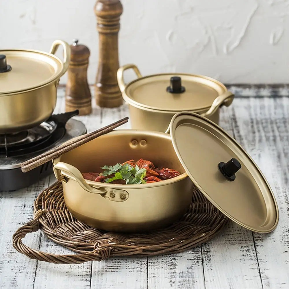 Golden Aluminum Noodle & Soup Pot with Lid – Ideal for Ramen, Milk, and Egg Cooking (Available in 16cm, 18cm, 20cm)