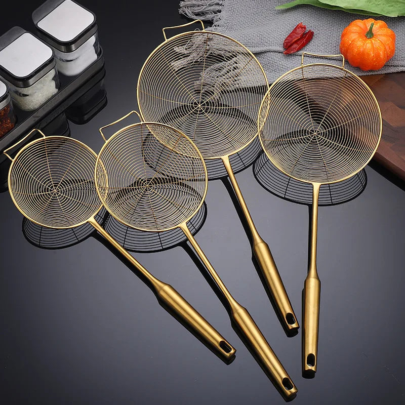 Golden Stainless Steel Skimmer Strainer – Frying Scoop & Oil Filter with Long Handle (Available in Multiple Sizes)