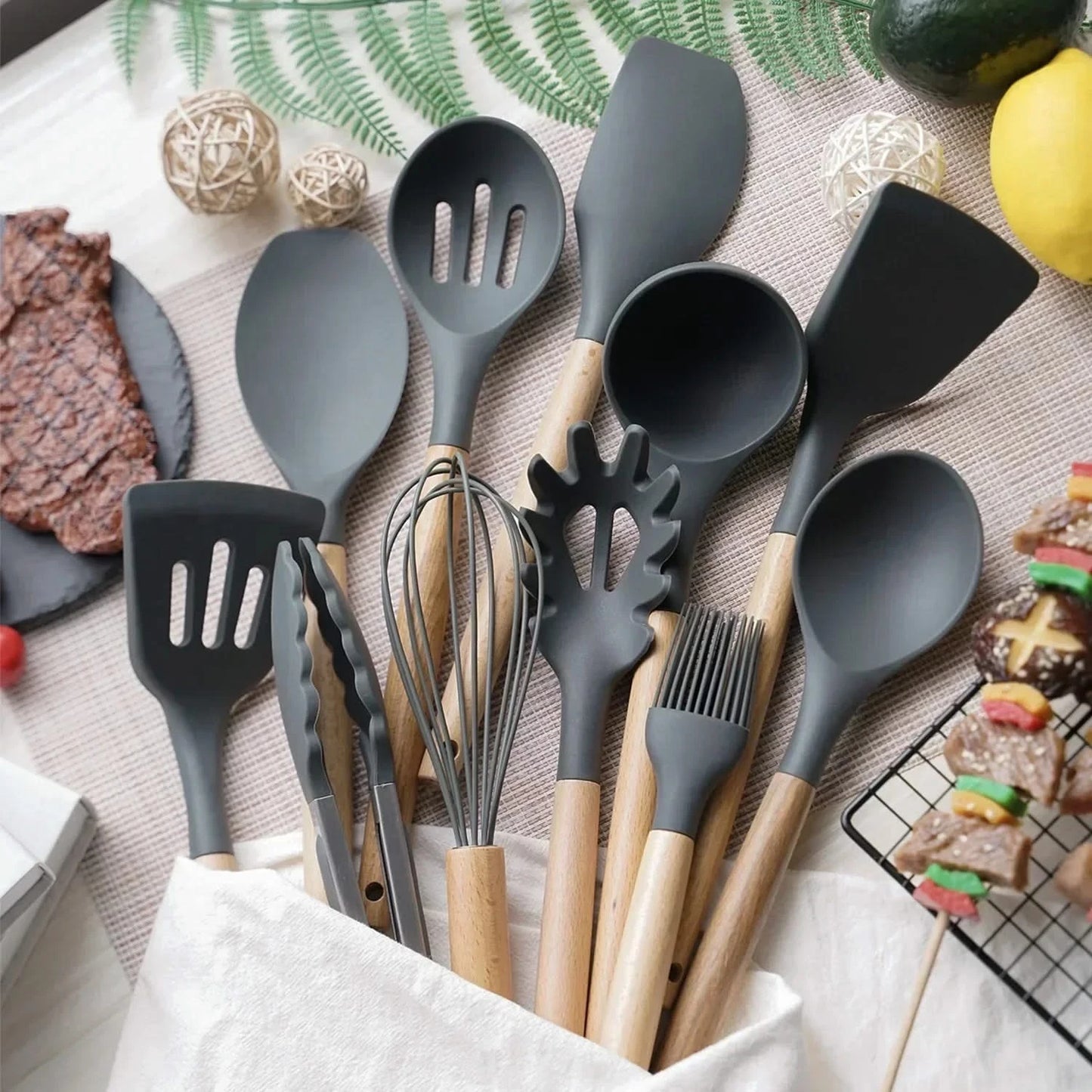 12-Piece Food-Grade Silicone Kitchen Utensils Set – Versatile Cooking Tools with Turner, Spatula, and Measuring Spoons for Everyday Use