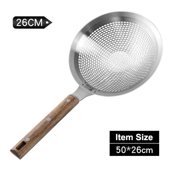 Extra Large 304 Stainless Steel Kitchen Mesh Strainer Skimmer with Sturdy Wooden Handle, Heavy-Duty Frying Strainer for Deep Frying, Boiling, Noodles, Pasta, Dumplings & Vegetables, Available in 22cm, 24cm, 26cm & 28cm Sizes 26cm