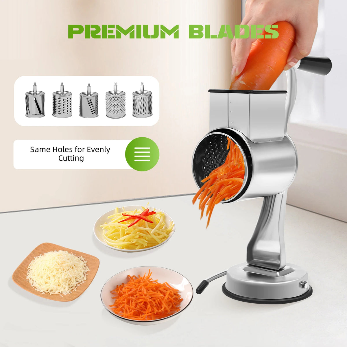 Stainless Steel Rotary Grater with 5 Drum Blades β Manual Cheese, Nut & Vegetable Shredder with Suction Base β Great for Salads & Toppings β Available in Silver, Silver & Silver Colours