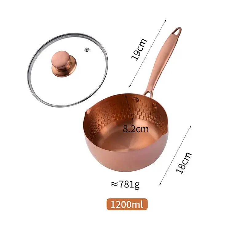 Rose Gold Stainless Steel Saucepan with Glass Lid & Long Handle – Saucepan for Boiling Milk, Soups, Sauces & Daily Meals – Heat-Resistant Grip – Induction & Gas Stove Compatible – 18cm Rose gold 1.2L