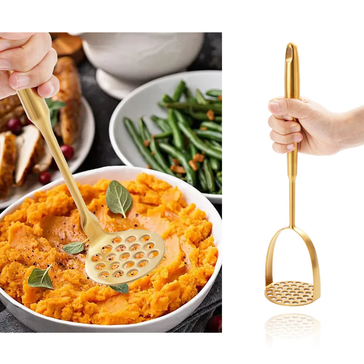 Golden Stainless Steel Potato Masher – Manual Food Crusher for Potatoes, Pumpkin & Baby Food, Garlic, & More (Available in Small, Medium & Large)