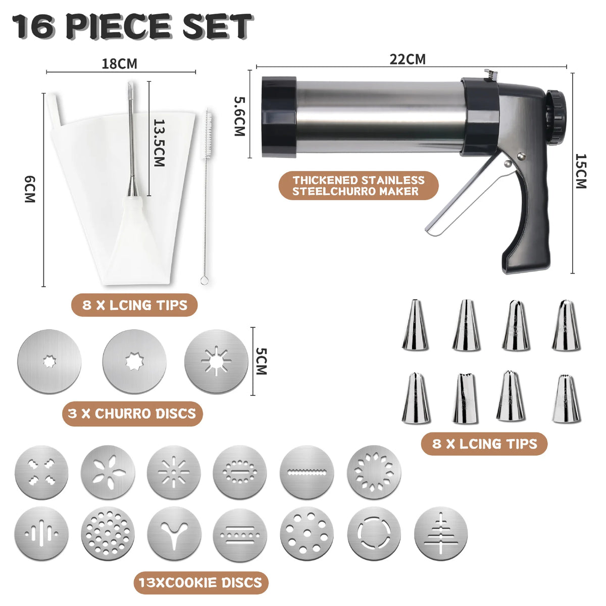 3-in-1 Stainless Steel Churro Maker & Cookie Press Kit – Spritz Biscuit Gun with Moulds – Great for Churros, Biscuits & Piped Desserts