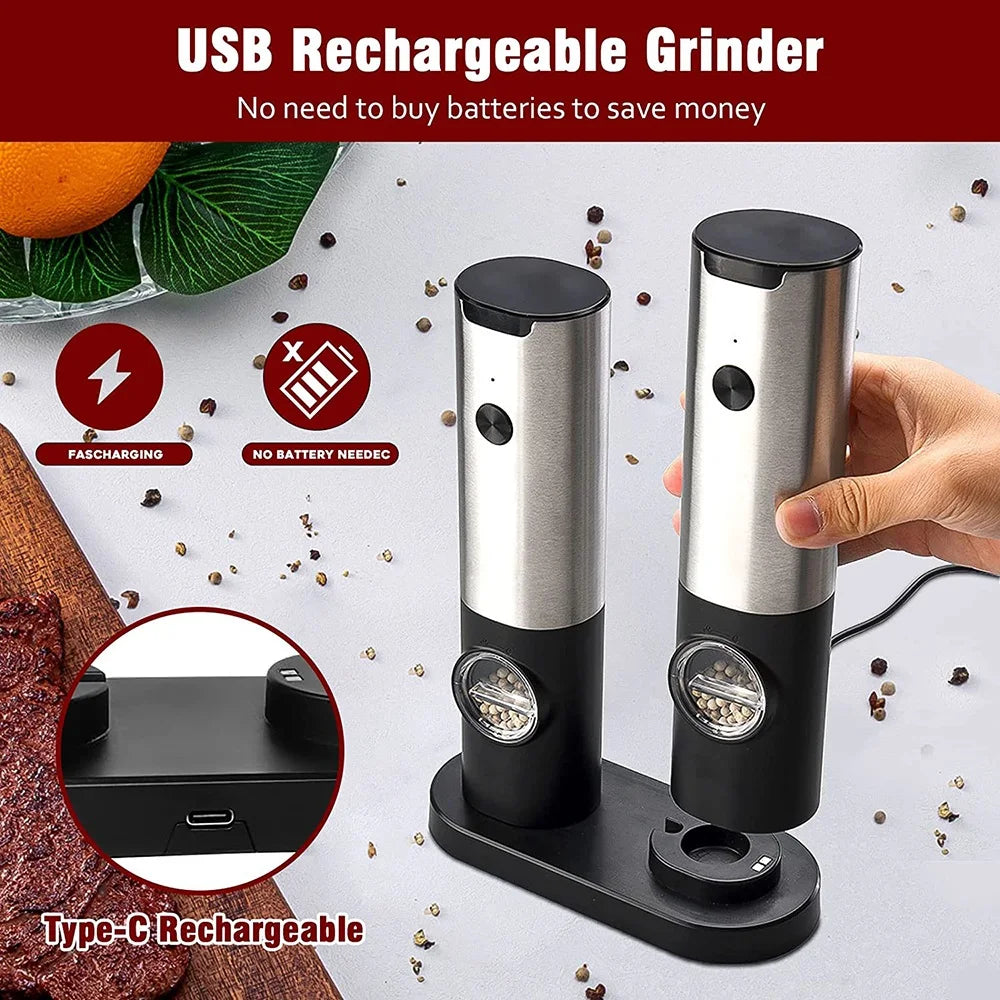 Rechargeable Electric Salt & Pepper Grinder Set β Stainless Steel or ABS Automatic Spice Mills with USB Rechargeable or Charging Base Options β Adjustable Coarseness for Salt, Pepper & Seasonings