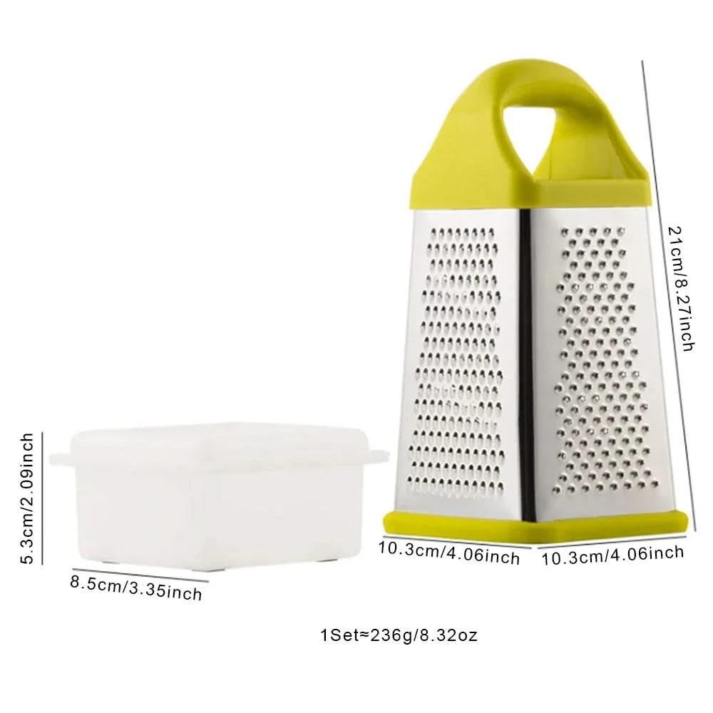 4-Sided Stainless Steel Grater with Storage Box Container—Perfect for Cheese and Vegetable Prep in the Kitchen (Available in Grey, Black, Yellow, and Silver)