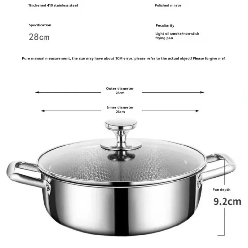 Honeycomb Stainless Steel Frying Pan & Soup Pot with Lid – 410 Non-Stick Multi-Purpose Pot for Frying, Stewing, Searing & Stir-Fry, Soup, Stock & Daily Cooking – Works on All Stovetops – Available in 28cm (with/without