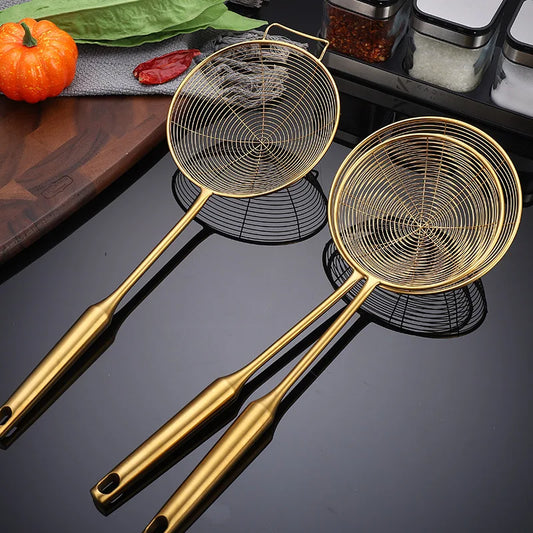 Golden Stainless Steel Skimmer Strainer – Frying Scoop & Oil Filter with Long Handle (Available in Multiple Sizes)